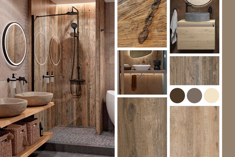 Badezimmergestaltung mit Waschtischen, Spiegeln, Dusche und Holzverkleidung