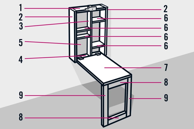 Illustration d'un secrétaire avec des étagères et un plateau de table dépliable.