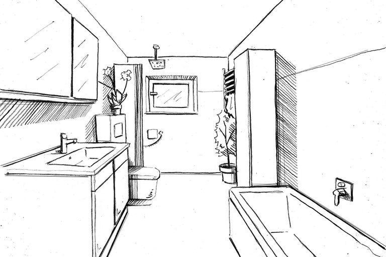 Salle de bains avec lavabo, miroir, toilettes, radiateur, baignoire et décorations.