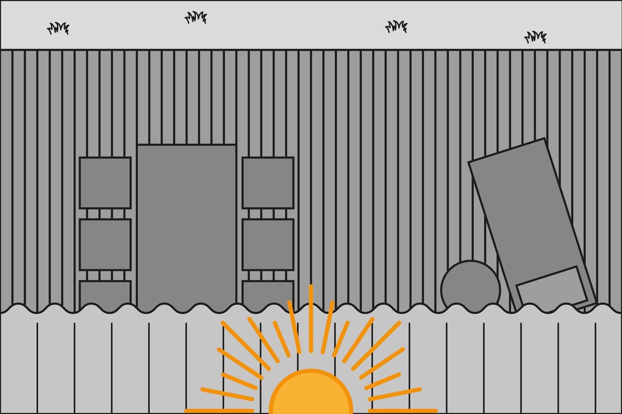 Illustration eines Gartenzauns mit Gartenmöbeln und Bewuchs