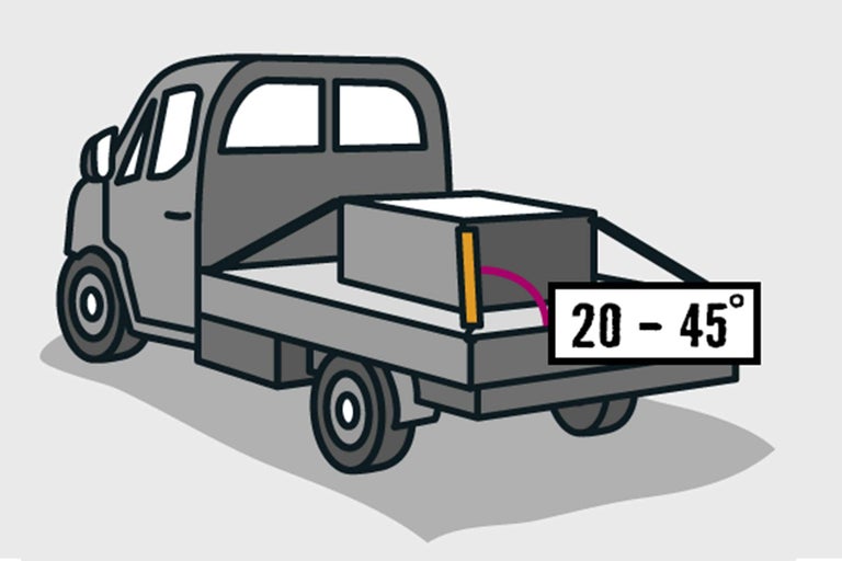 Illustration d'un véhicule avec une surface de chargement qui permet un angle d'inclinaison de 20 à 45 degrés.