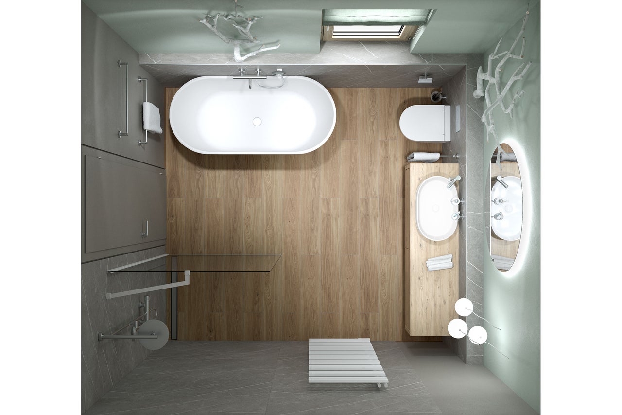 Vue de dessus d une salle de bains moderne avec baignoire en îlot, lavabo avec meuble en bois, WC et douche à l italienne. Sol aspect bois.