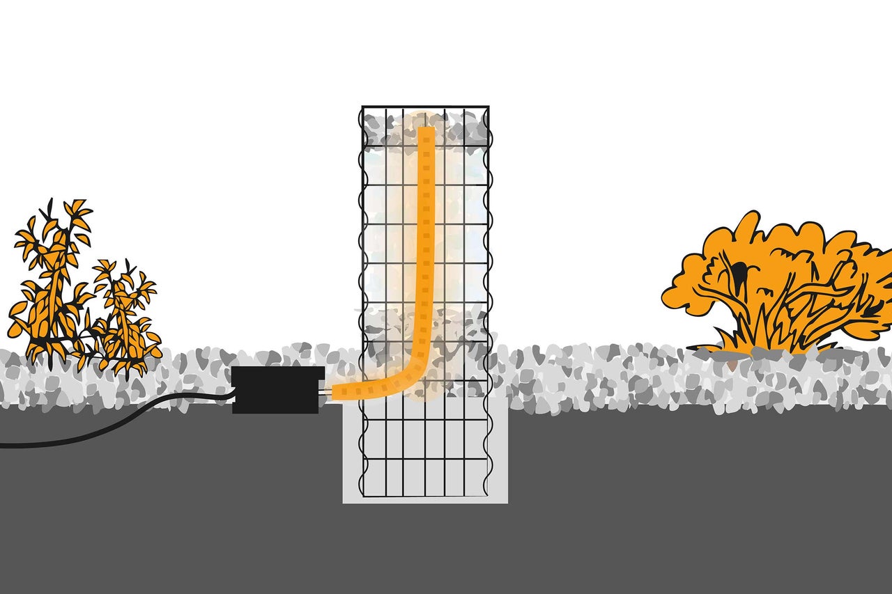Illustration einer Gabione mit Beleuchtung im Garten