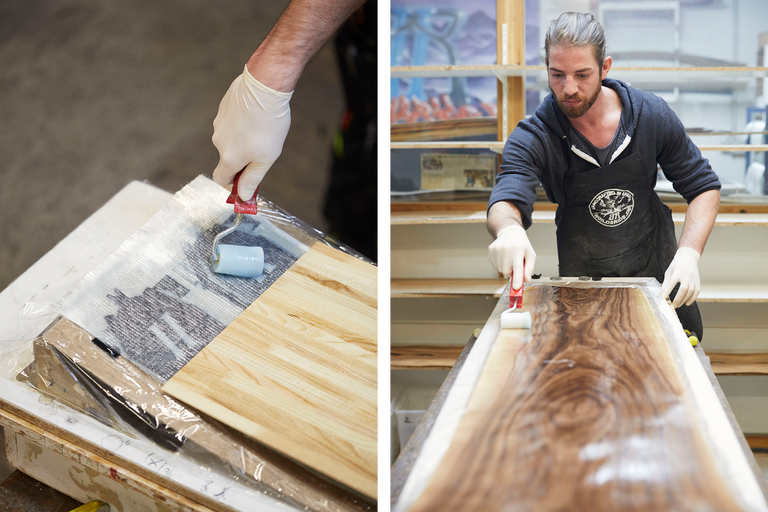 Image en deux parties : Un homme applique une résine époxy sur du bois