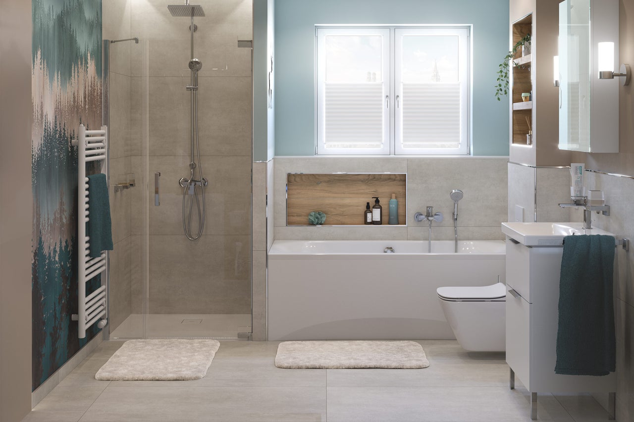 Salle de bain lumineuse avec douche, baignoire, lavabo et toilettes