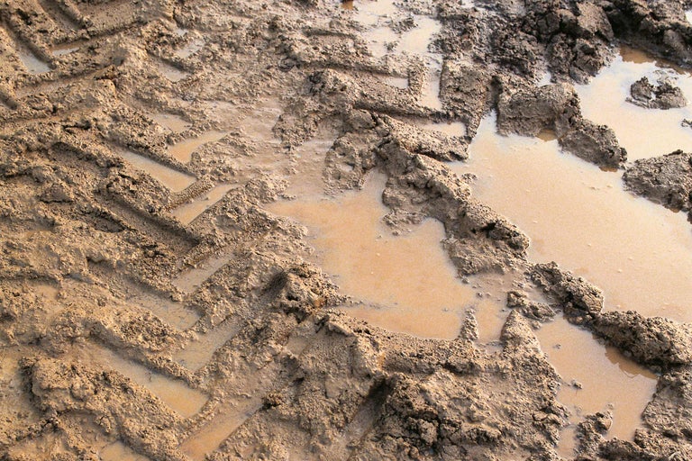 Gros plan sur des traces de pneus dans un sol boueux