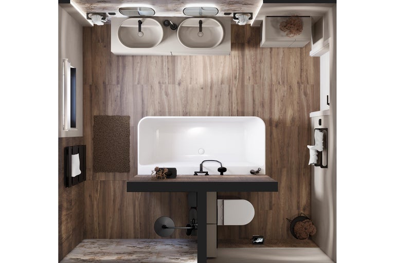 Modernes Badezimmer mit Badewanne, Waschtisch mit zwei Waschbecken und Holzoptik