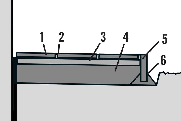 Schematische Darstellung eines Bauprojekts mit verschiedenen Bauteilen und Nummern.