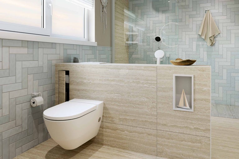 Salle de bain moderne avec WC suspendu, carrelage à chevrons et lavabo