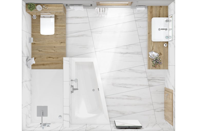 Vue de dessus d'une salle de bains lumineuse avec toilettes, douche, baignoire et lavabo