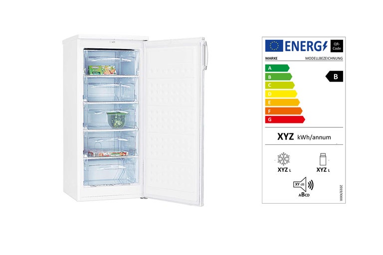 Gefrierschrank mit offener Tür und Energieeffizienzlabel B