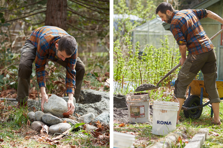 Homme travaillant dans le jardin avec des pierres, une pelle et une brouette