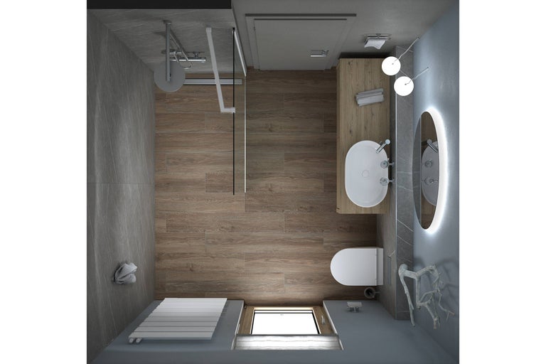 Ansicht von oben eines Badezimmers mit Dusche, Toilette, Waschbecken und Spiegel