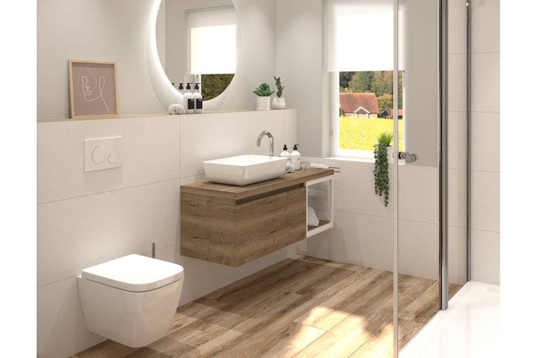 Modernes Badezimmer mit holzfarbenem Waschtischunterschrank, weissem Aufsatzwaschbecken, Wand-WC und hinterleuchtetem Rundspiegel auf hellen Fliesen.