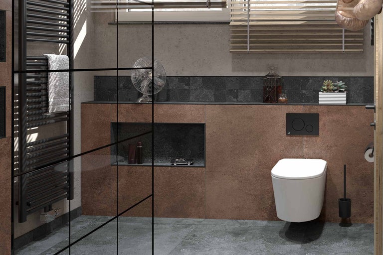 Salle de bains moderne avec sèche-serviettes, WC suspendu et accessoires élégants