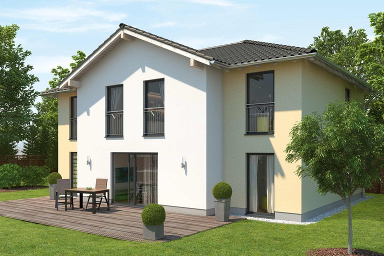 Image d'une maison moderne à deux étages avec terrasse et jardin