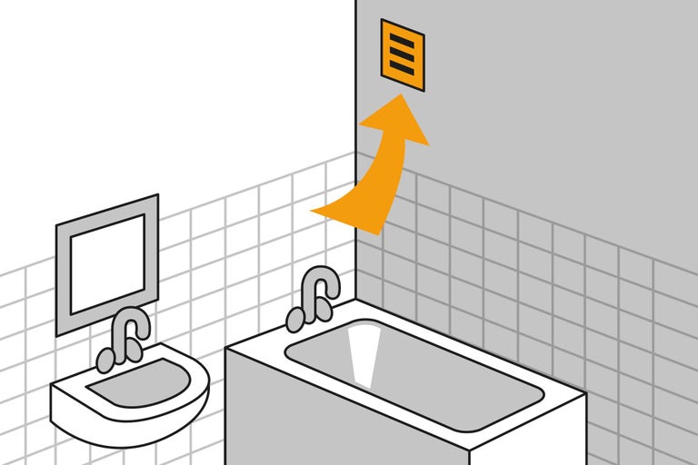 Symbol für die manuelle Lüftung im Badezimmer mit Waschbecken und Badewanne