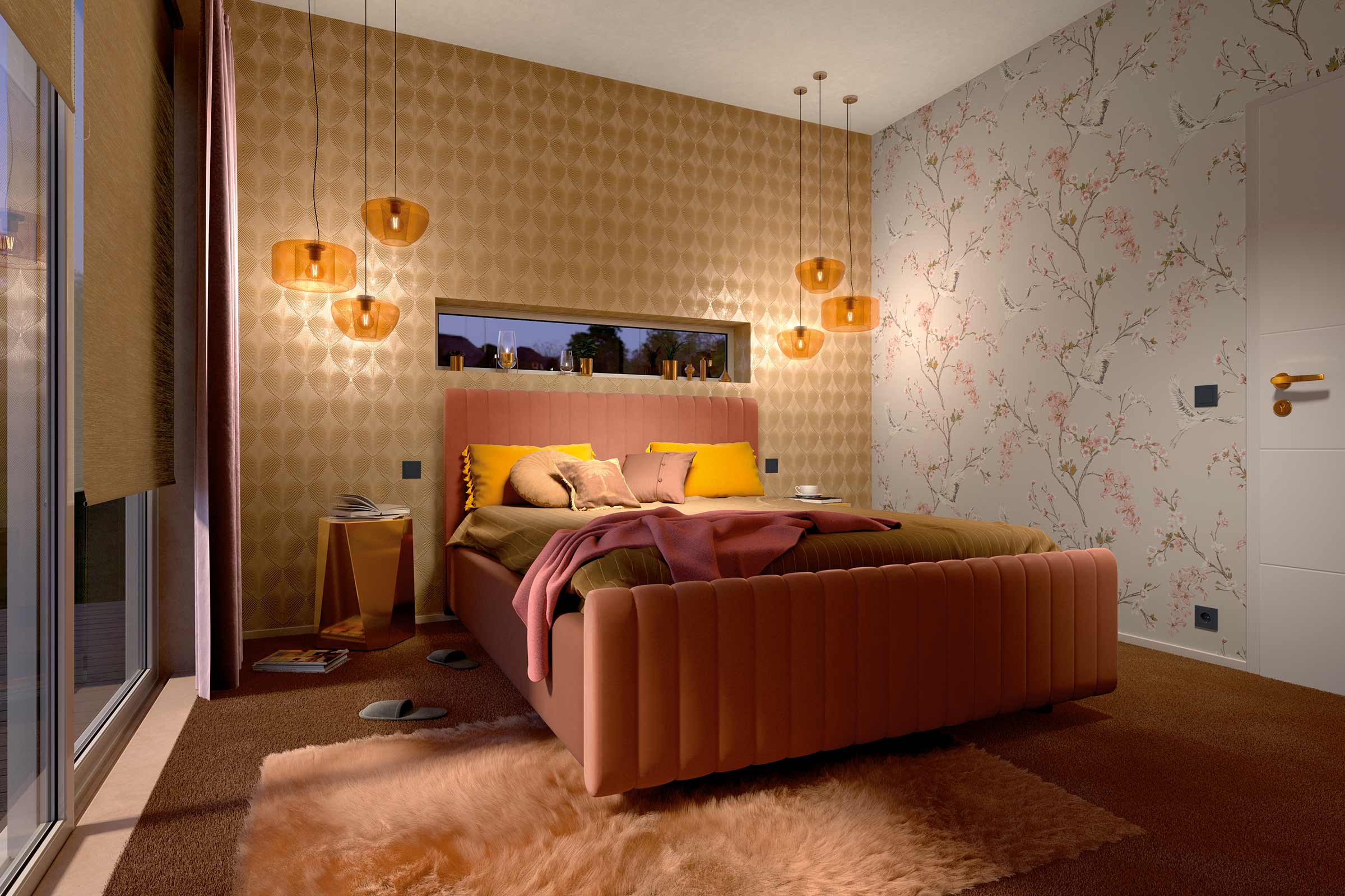 Une chambre avec un lit, une table de chevet, des lampes et du papier peint.