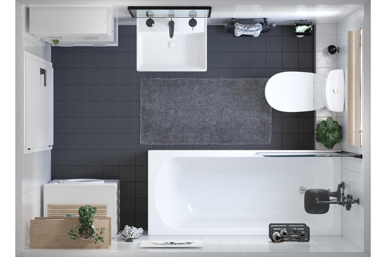 Vue aérienne d'une salle de bains avec lavabo, baignoire, toilettes et carrelage