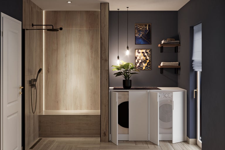 Salle de bains moderne avec douche, machines à laver et étagères