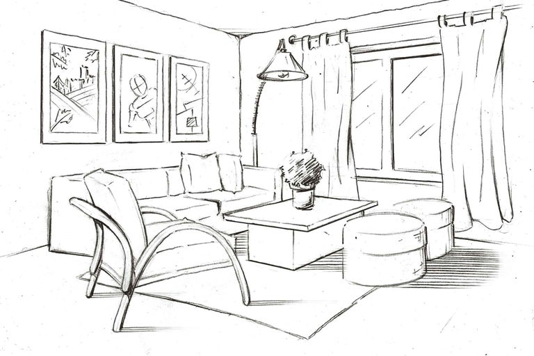Croquis d'un salon avec canapé, fauteuil, table basse, tabourets, lampe et rideaux