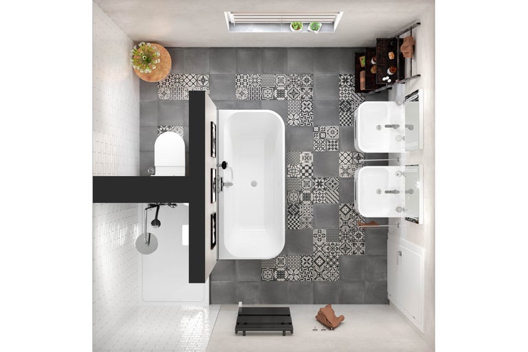 Vue de dessus d'une salle de bains avec douche, baignoire, deux lavabos et carrelage à motifs.