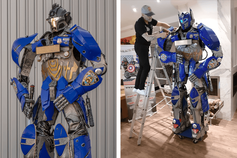 Figurine de robot bleue et argentée avec insigne de police et détails LED