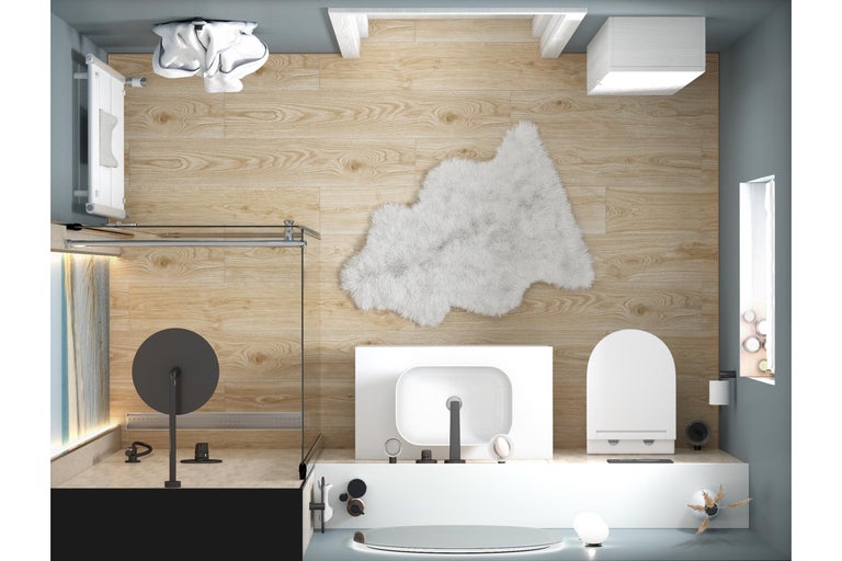 Salle de bains moderne avec carrelage imitation bois, douche à l'italienne, vasque blanche, toilette et tapis moelleux.