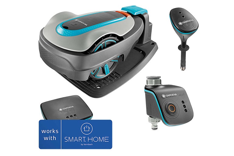 Ensemble robot tondeuse Gardena avec capteur, passerelle et contrôle de l'eau