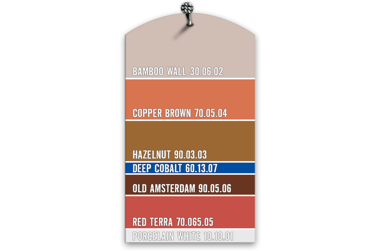 Nuancier de couleurs avec des couleurs intérieures : Bamboo Wall, Copper Brown, Hazelnut, Deep Cobalt, Old Amsterdam, Red Terra et Porcelain White