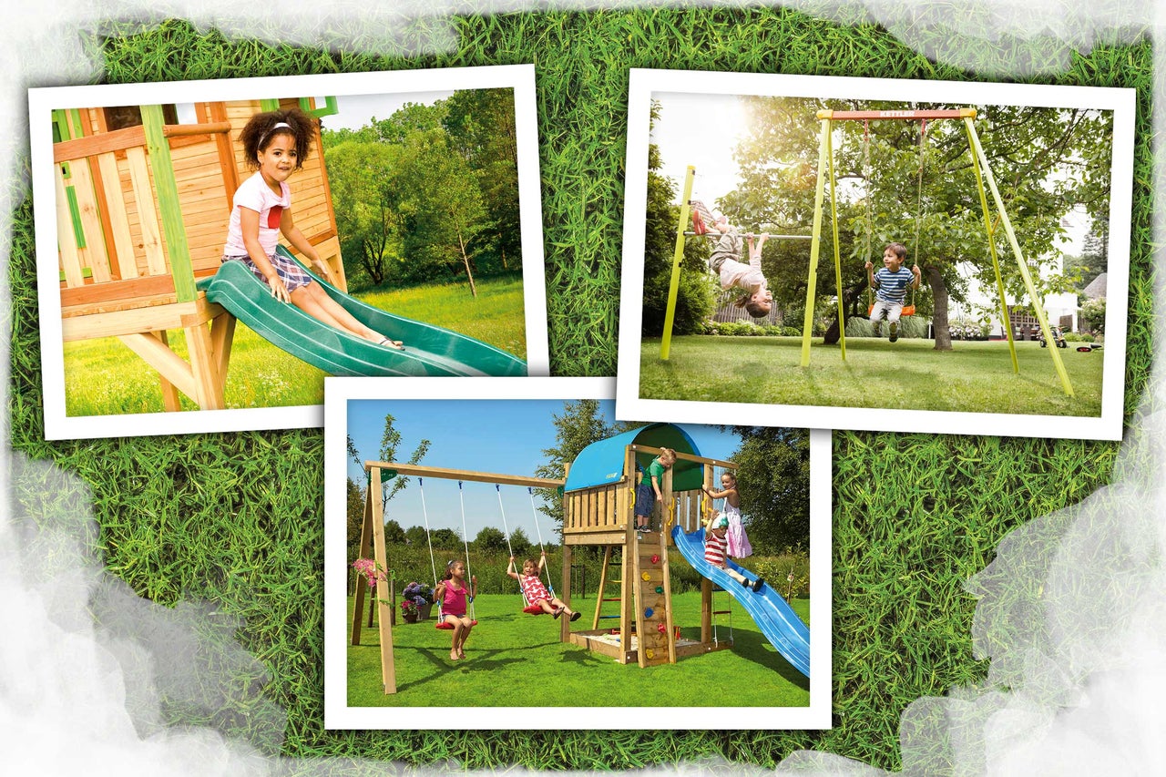 Collage mit Fotos von Kindern, die auf einem Spielplatz mit Schaukeln und Rutschen spielen