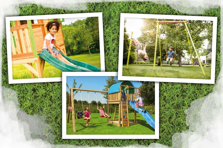 Collage mit Fotos von Kindern, die auf einem Spielplatz mit Schaukeln und Rutschen spielen