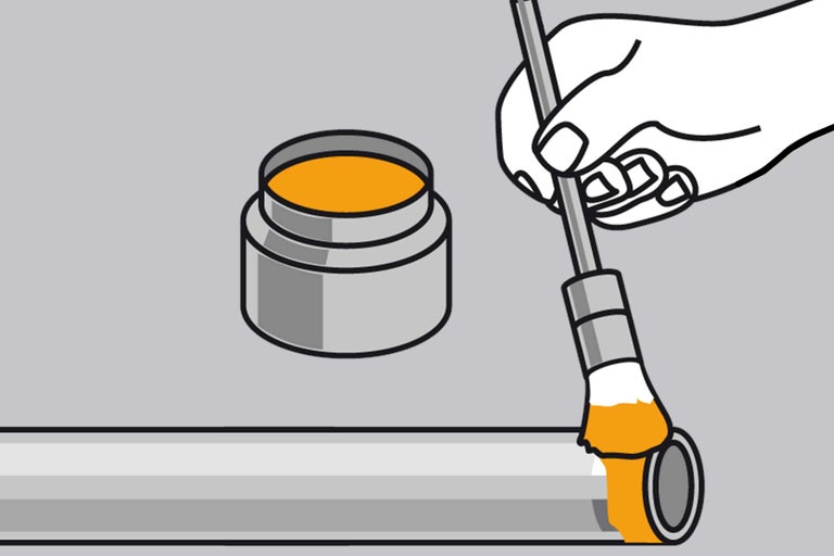 Représentation d'un tuyau scellé avec du chanvre d'étanchéité, ainsi qu'un pot de pâte à joint.