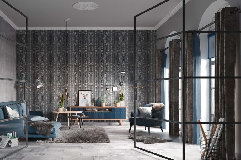 Salon avec canapé, fauteuil, table, tapis et papier peint à motifs