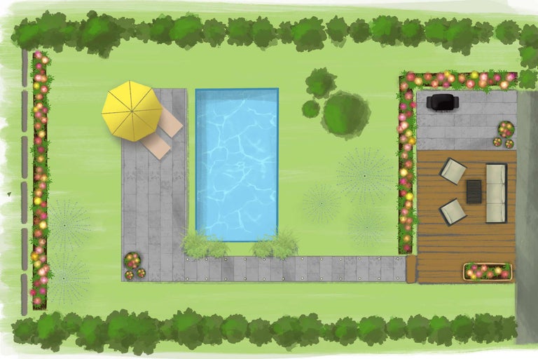 Draufsicht einer Gartengestaltung mit Pool, Terrasse und Bepflanzung