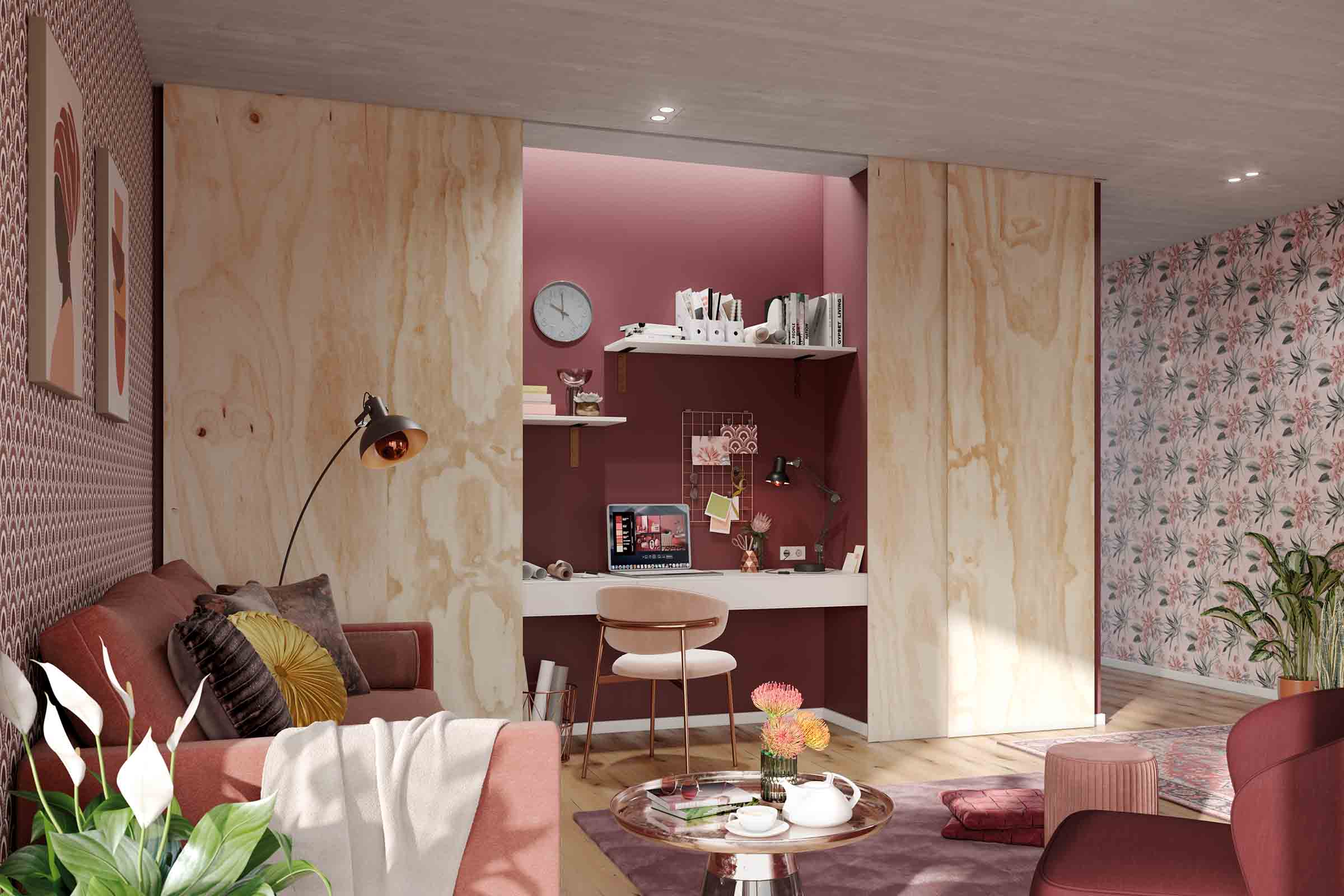 Wohnzimmer mit Arbeitsbereich, Sofa, Tisch und Büromöbeln in hellem und organisiertem Design.