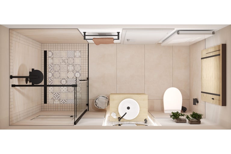Vue d'ensemble d'une salle de bains avec douche, lavabo, toilettes et meubles de salle de bains.