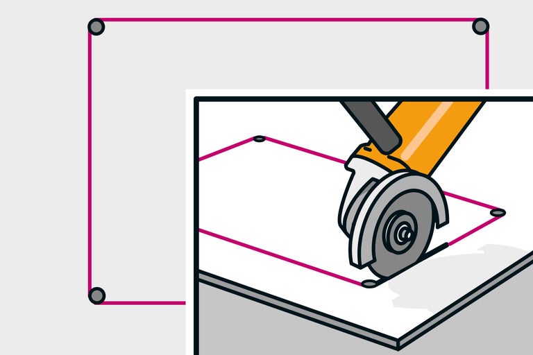 Illustration de la découpe d'un carreau avec une meuleuse d'angle le long d'une ligne tracée