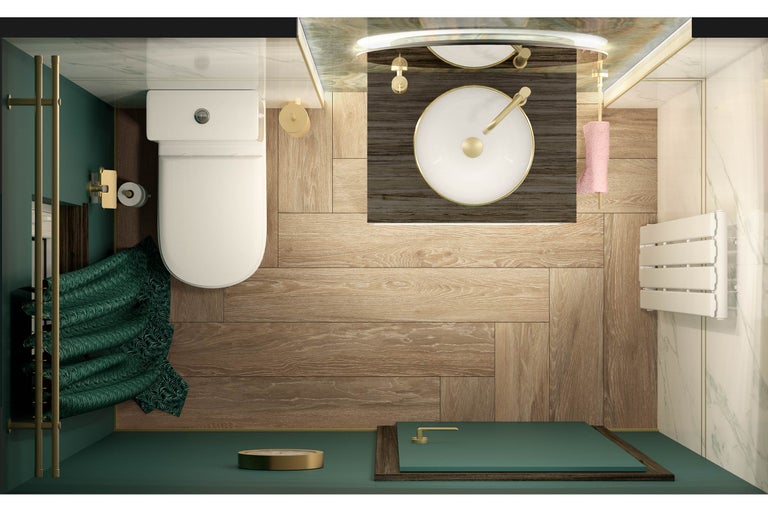 Vogelperspektive eines Badezimmers mit Toilette, Waschbecken, Handtuchheizkörper und Holzboden