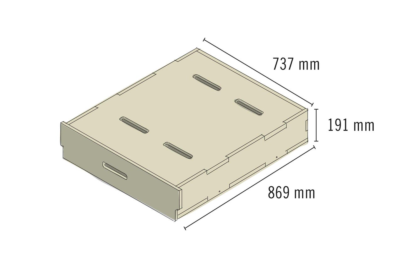 Tiroir avec les dimensions 737 mm x 869 mm x 191 mm