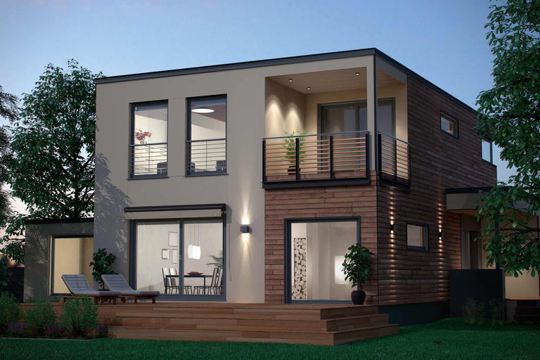 Maison moderne à deux étages avec façade en bois et balcon