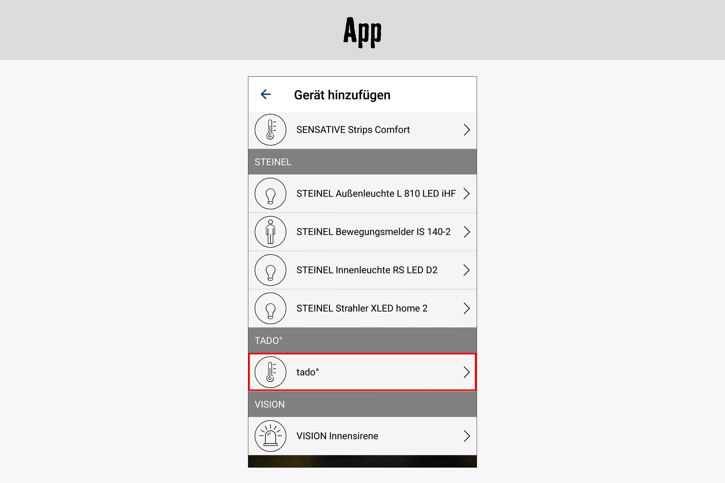 Vue de l'application pour ajouter un appareil Tado