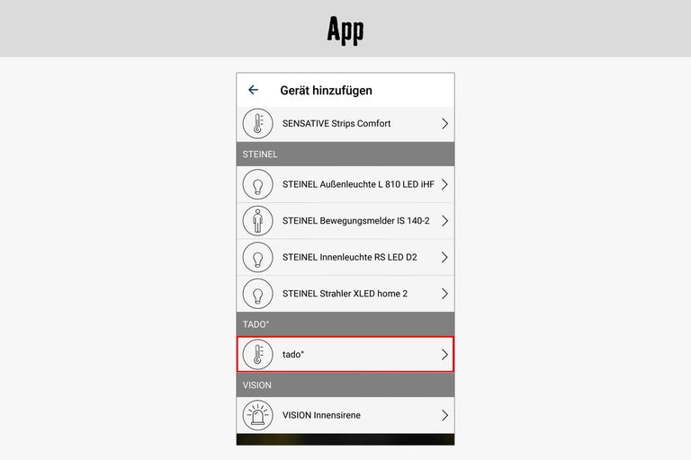 App-Ansicht zum Hinzufügen eines Tado-Geräts