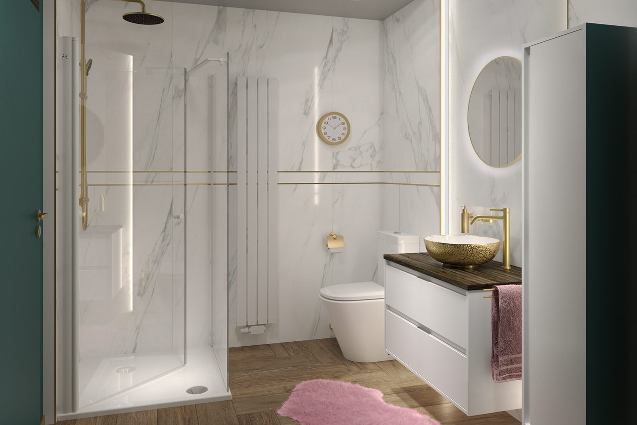 Badezimmer mit Dusche, Waschbecken, Spiegel und Toilette