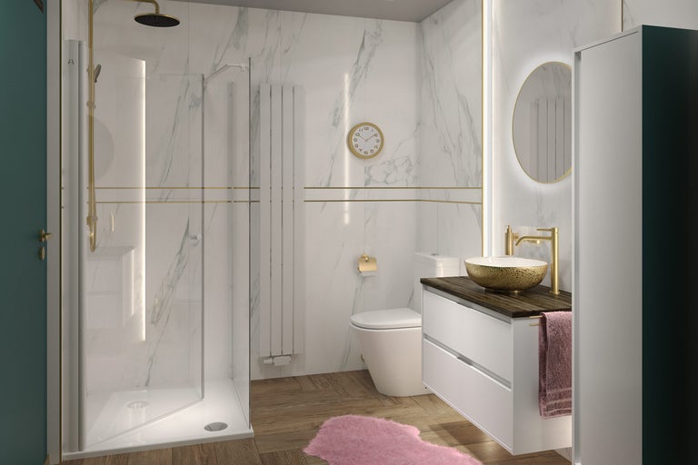 Badezimmer mit Dusche, Waschbecken, Spiegel und Toilette