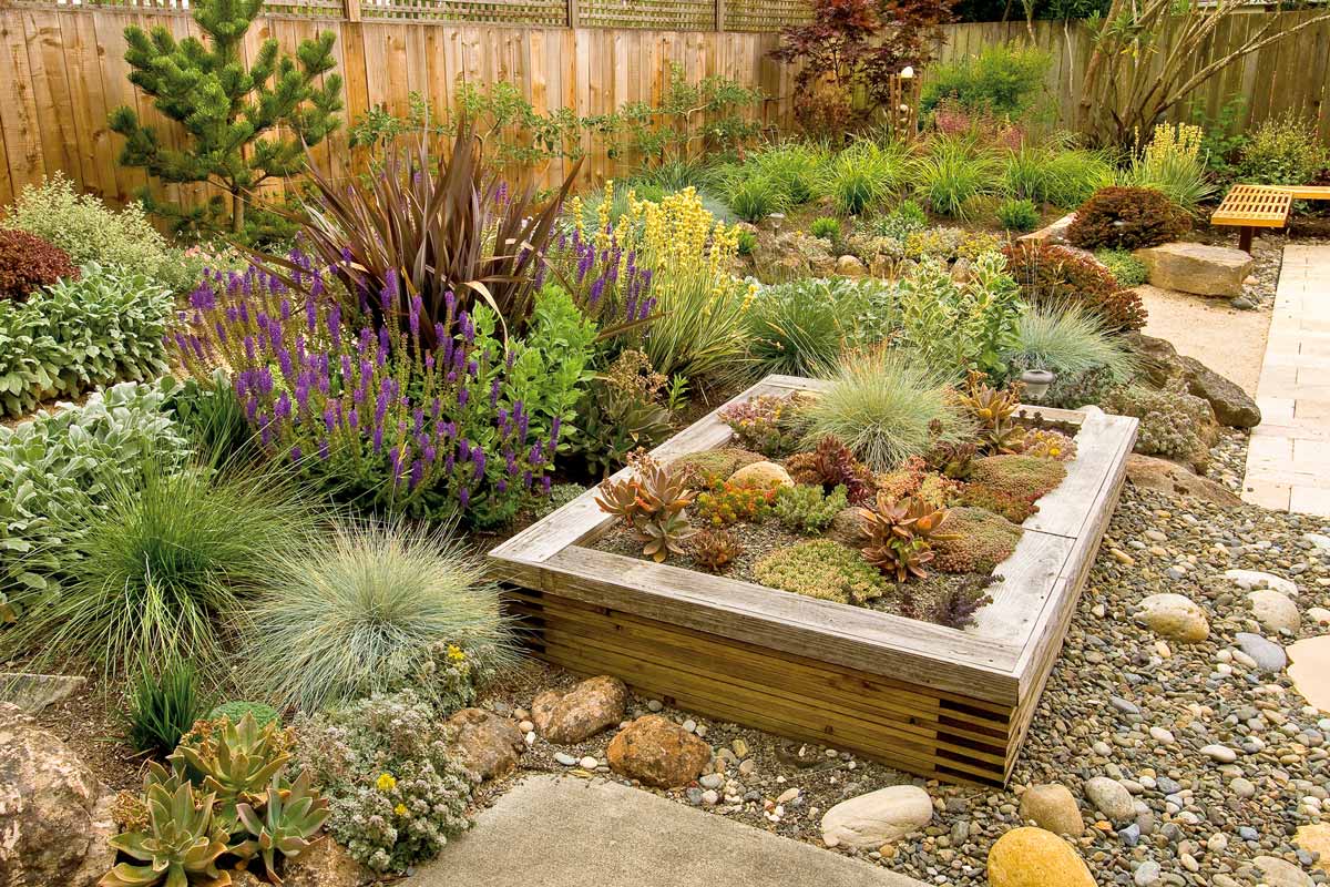 Jardin aménagé avec plate-bande surélevée, diverses plantes et pierres