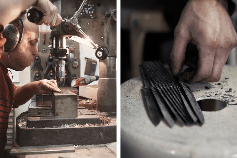 Une personne perce un trou dans une pièce à l'aide d'une perceuse à colonne ; gros plan sur des produits métalliques