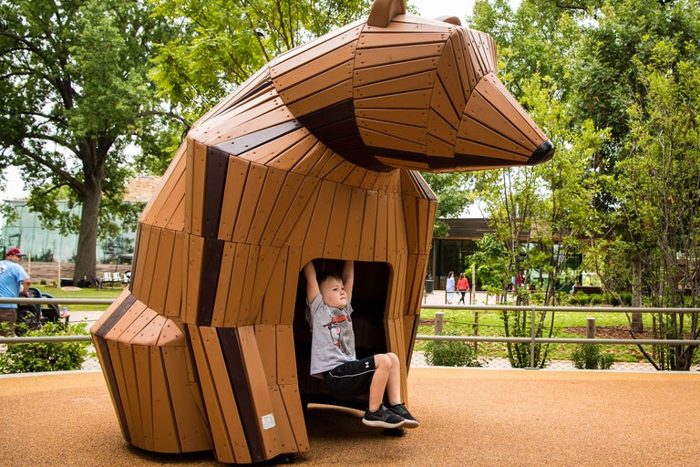 Un garçon joue dans une aire de jeux en forme d'ours en bois