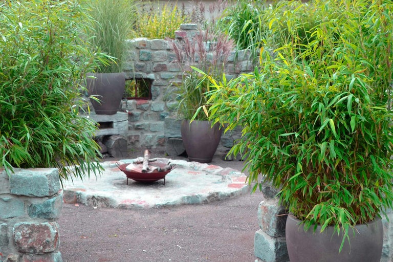 Espace de jardin aménagé avec des bambous en pots, un foyer et un mur en pierre