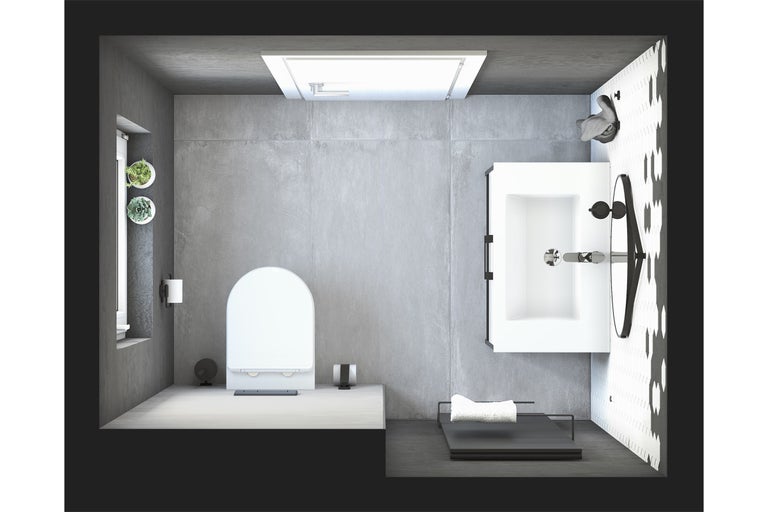 Vue lumineuse et spacieuse d'une salle de bains avec toilettes, lavabo et décorations.
